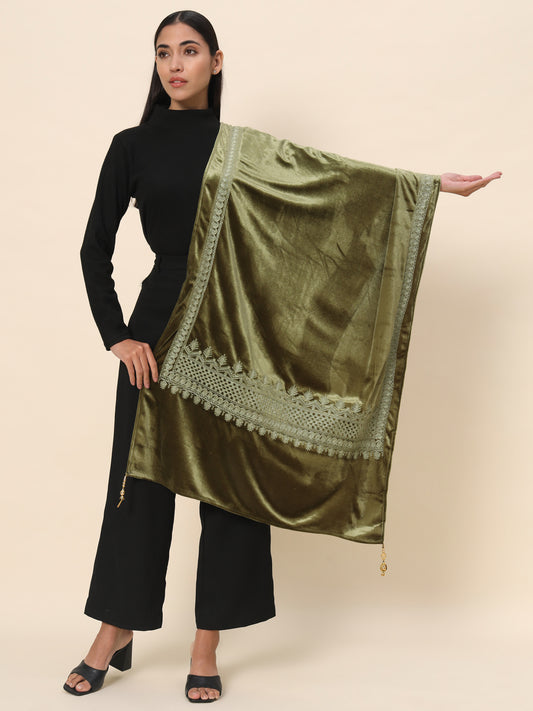 Soft Velvet Embroidered Stole For Women | Olive