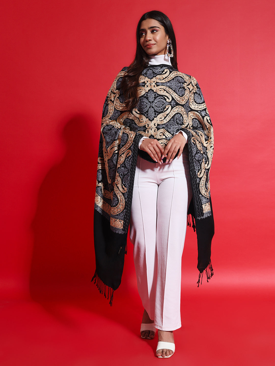 Woollen Pashmina Feel Stole in Silk Embroidery for Women | Black