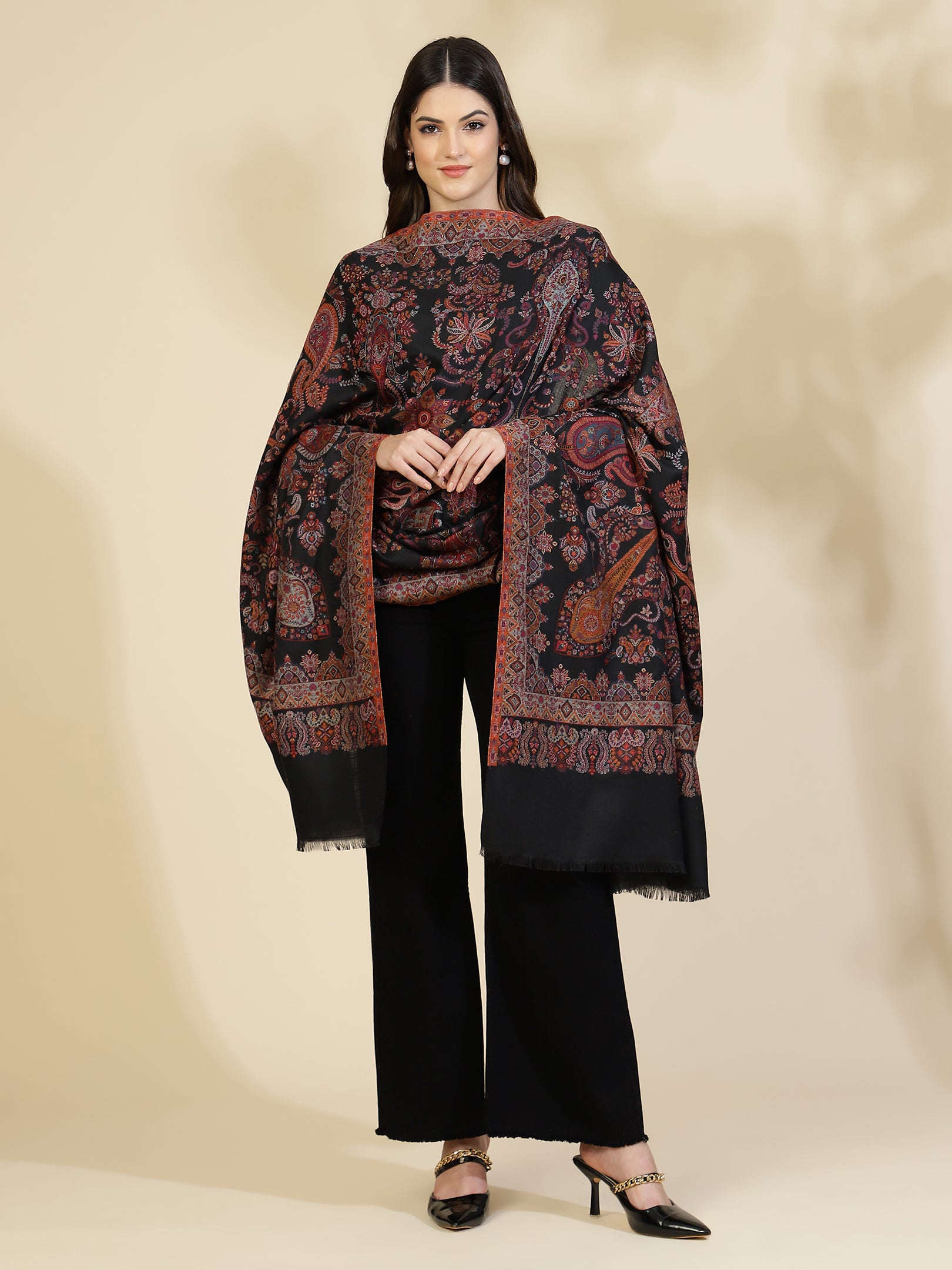 Kani Paisley Weave Pure Wool Shawl For Women | Black