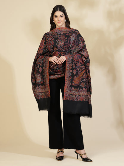 Kani Paisley Weave Pure Wool Shawl For Women | Black