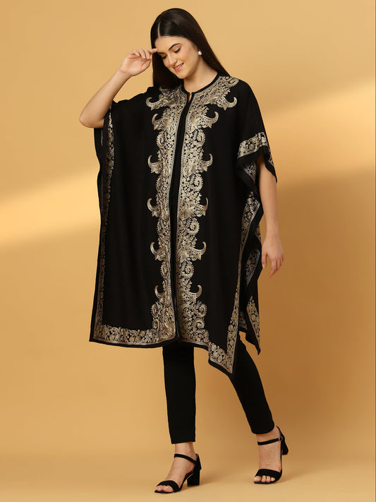 Floral Embroidery Black Pheran Shrug