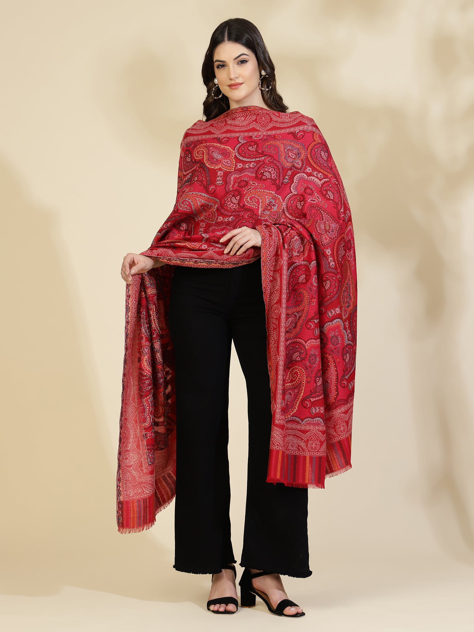 Kani Paisley Weave Pure Wool Shawl For Women | Maroon