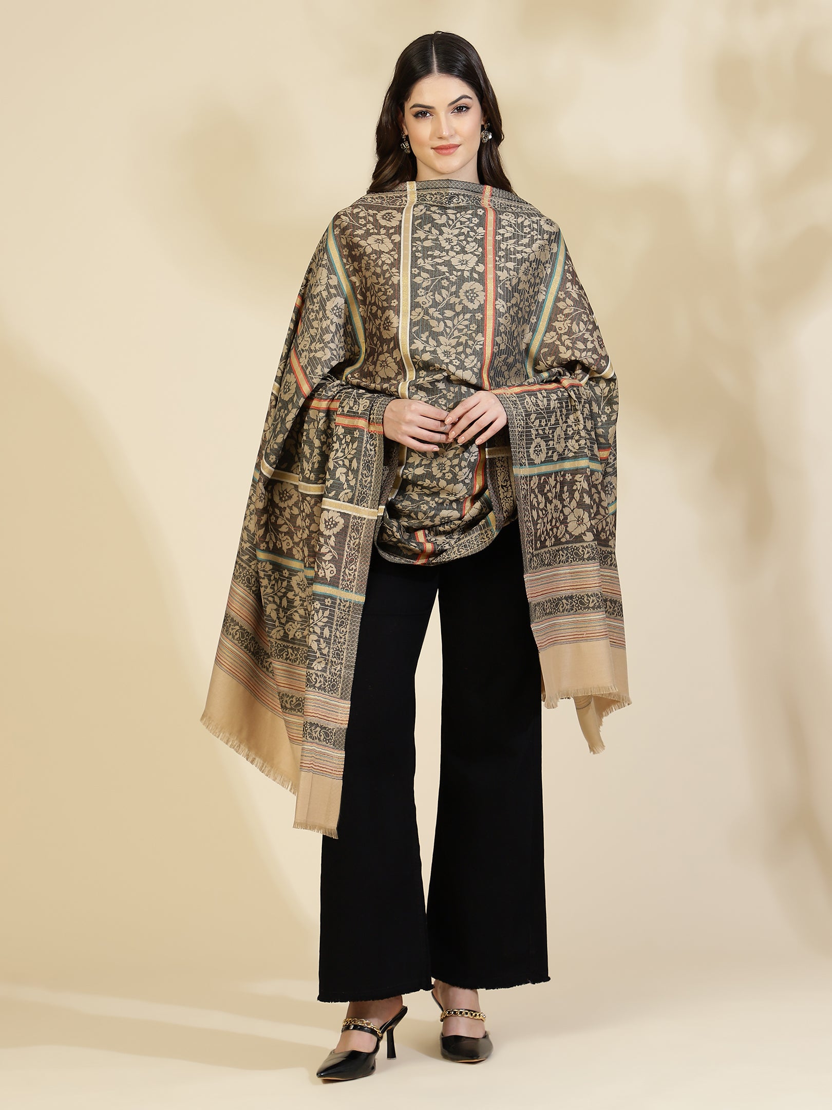 Jacquard Woven Shawl for Women in Floral Patterns | Brown