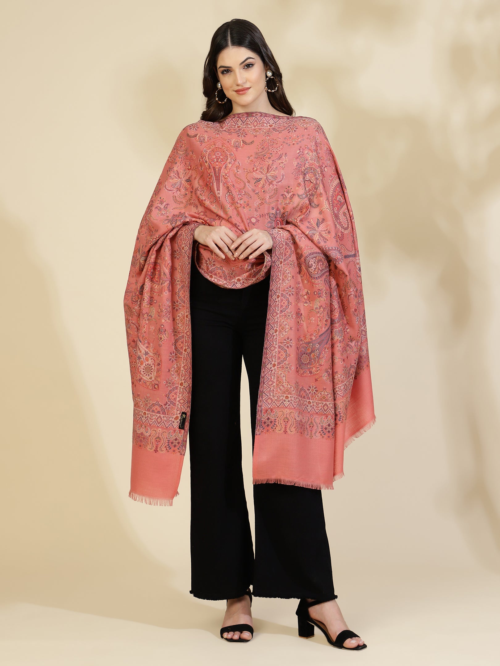 Kani Paisley Weave Pure Wool Shawl For Women | Peach