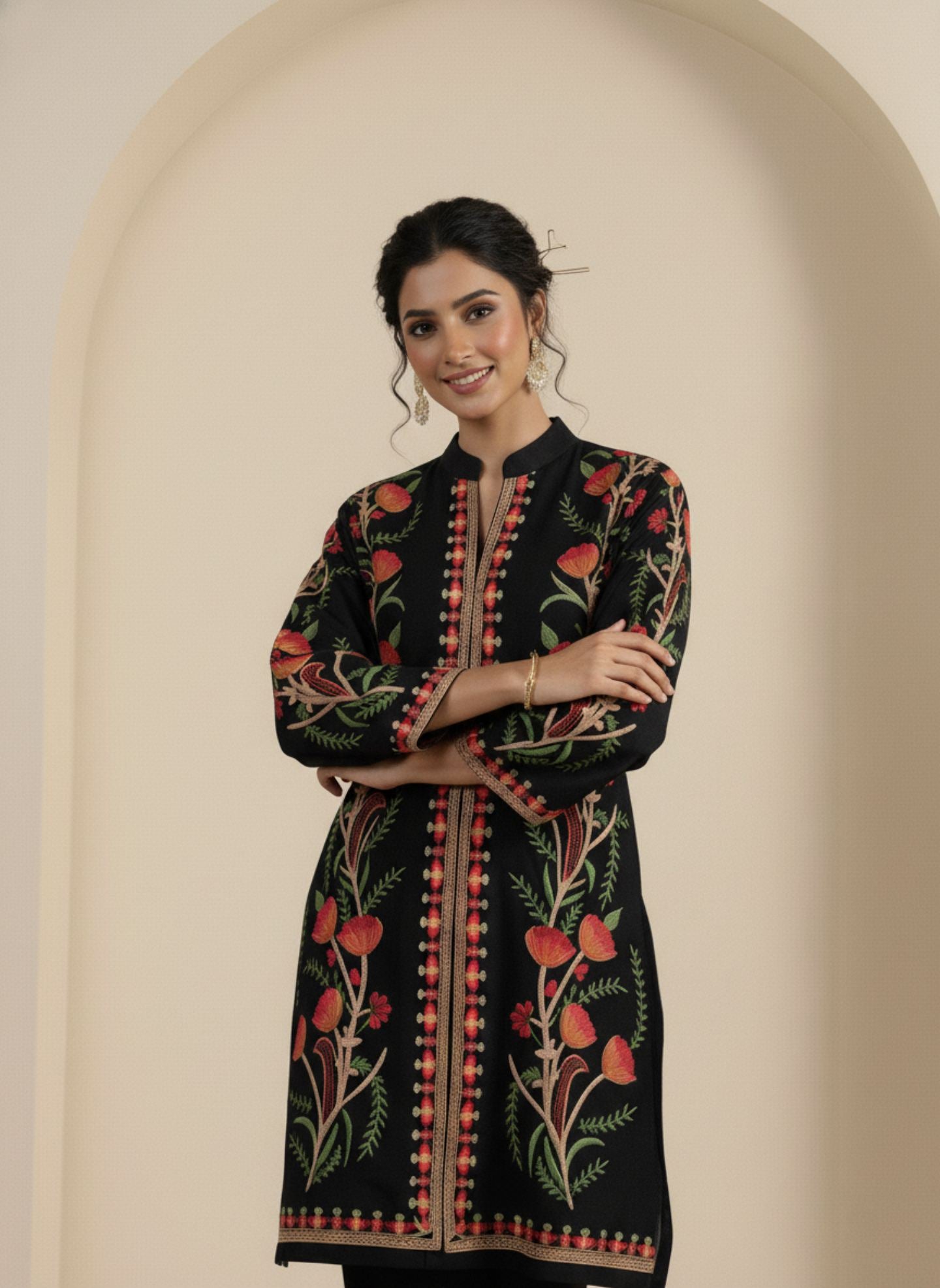 Floral Knitted Aari Embroidery Coord Set | Black