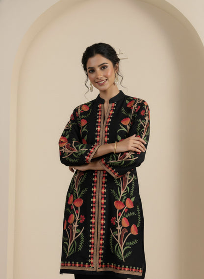 Floral Knitted Aari Embroidery Coord Set | Black