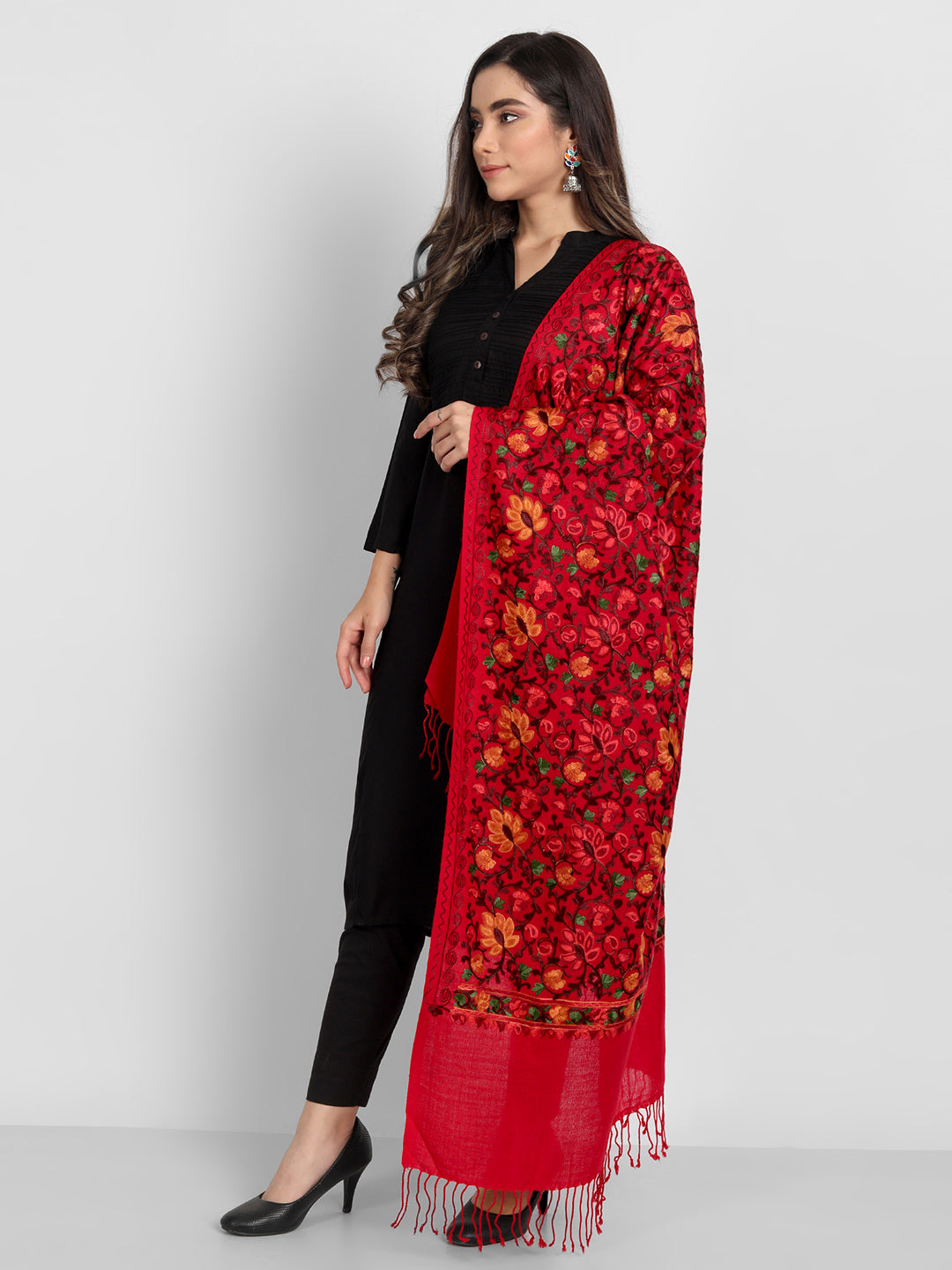Women Aari Embroidered Stole | Red
