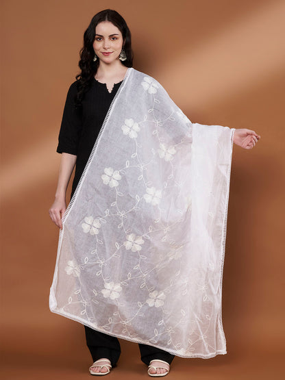 Floral Self Embroidery Cotton Dupatta for Women | White