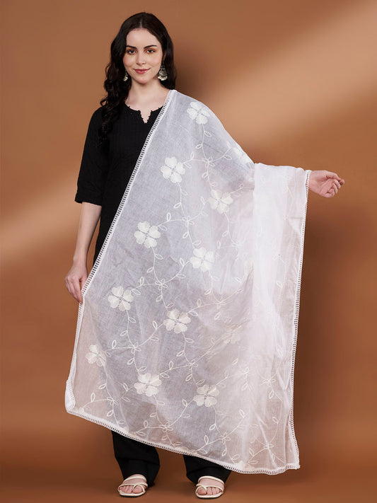 Floral Self Embroidery Cotton Dupatta for Women | White