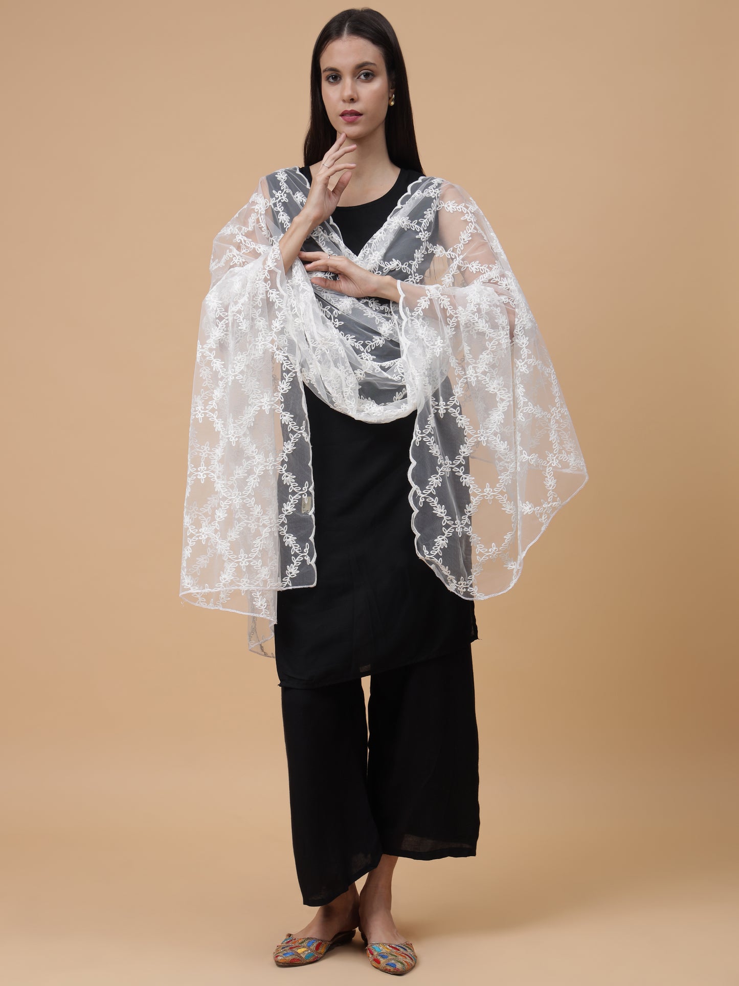 Embroidered Net Dupatta for Women | White
