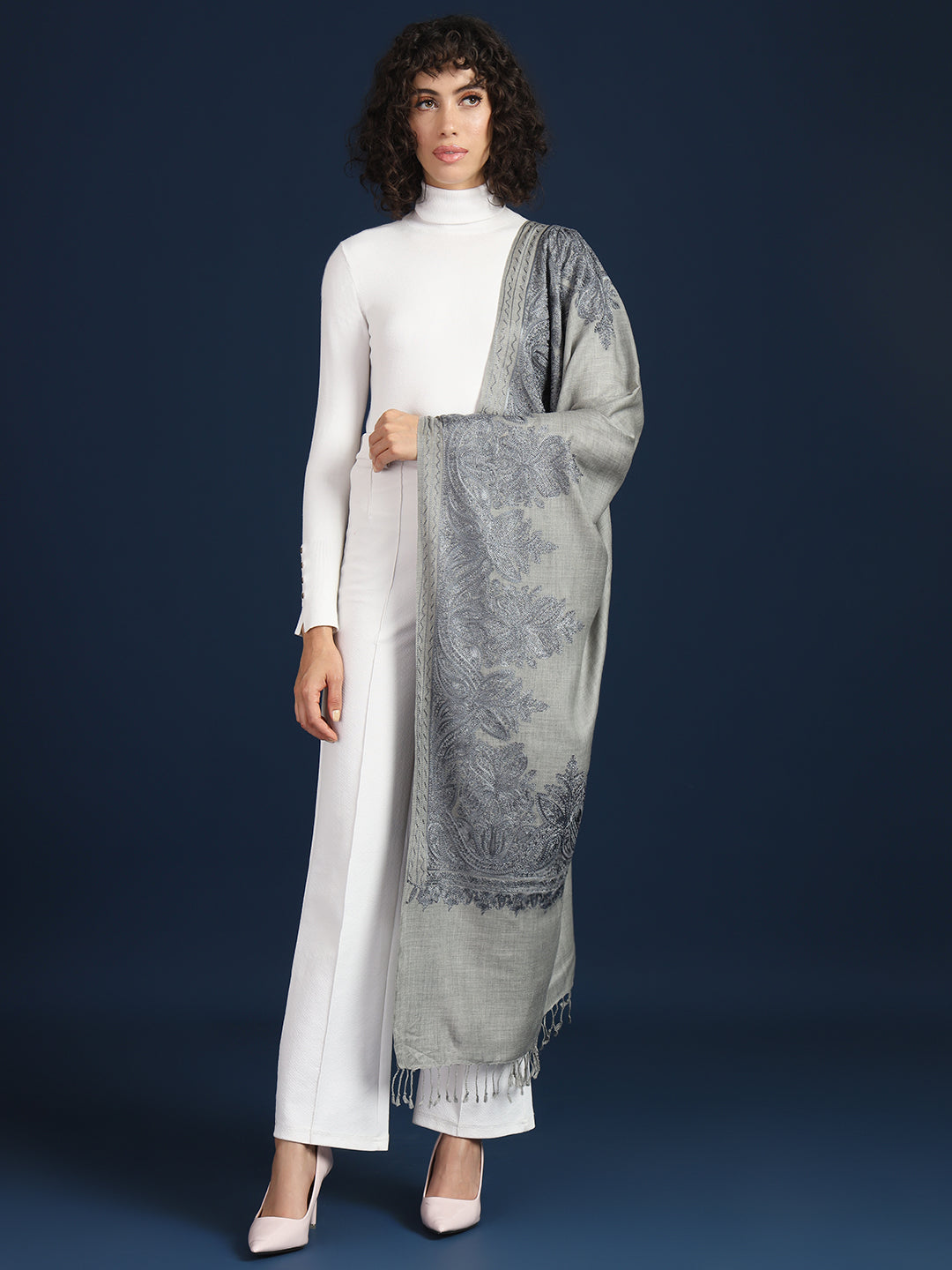 Woollen Pashmina Feel Stole in Silk Embroidery for Women | Grey