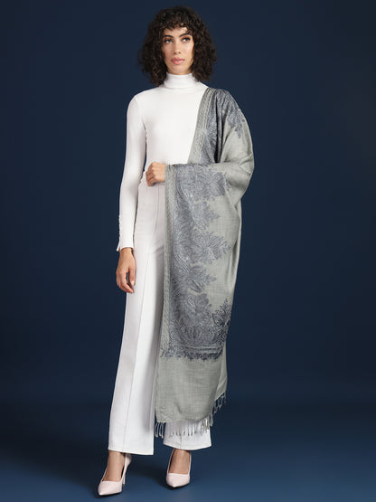 Woollen Pashmina Feel Stole in Silk Embroidery for Women | Grey