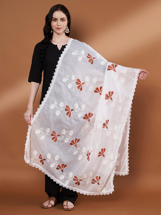 Colorful Embroidery Pure Cotton Dupatta for Women | White