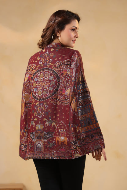 Women Woven Zari Darbar Royal Woollen Luxury Cape Jacket | Wine