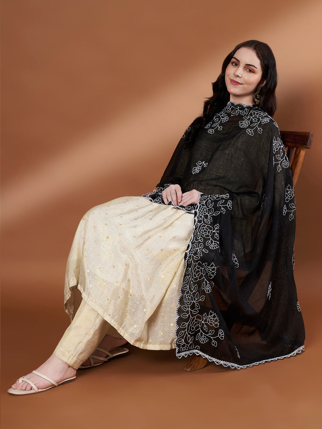 Pure Cotton Floral Embroidered Dupatta for Women | Black