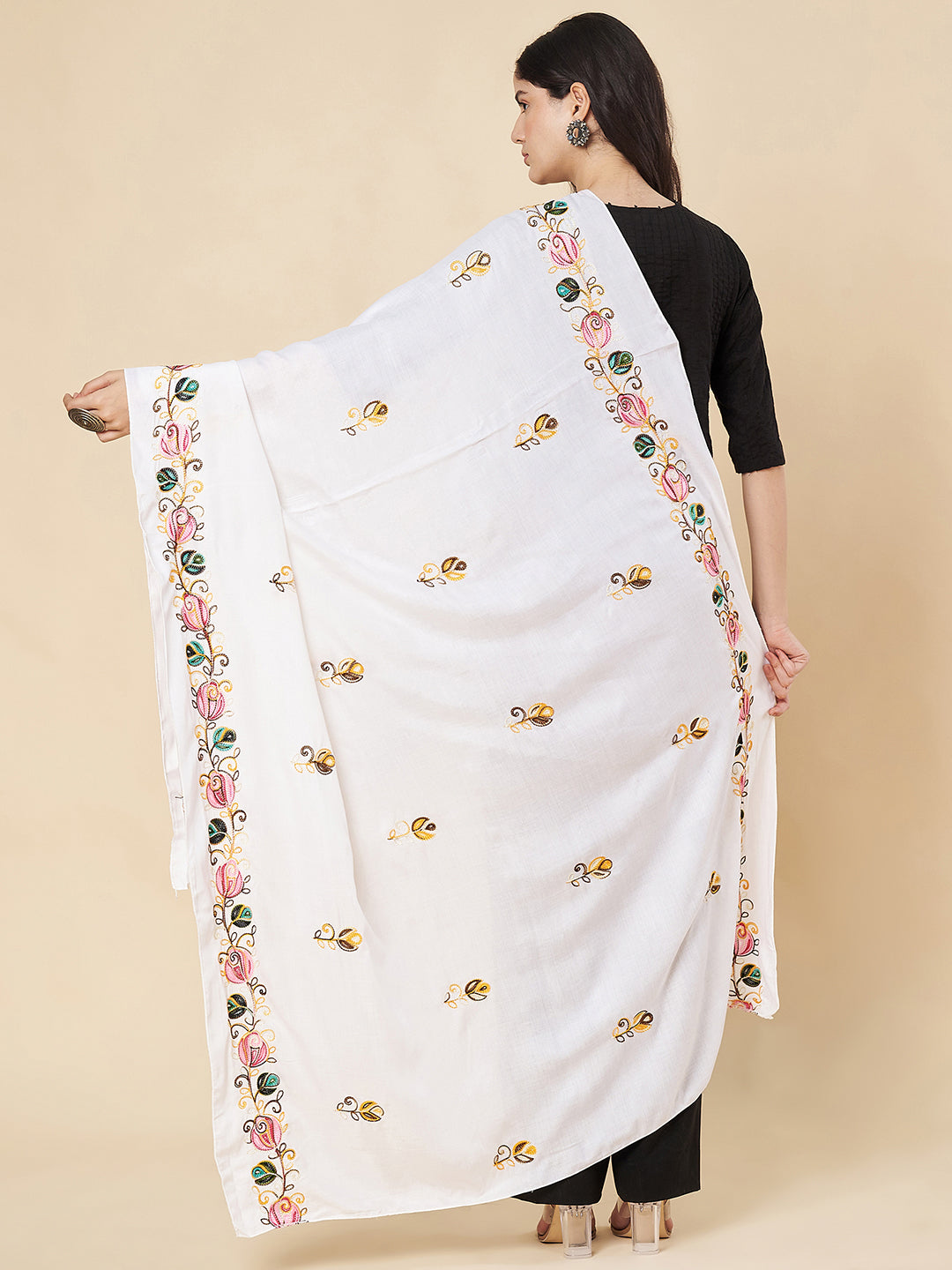 Floral Embroidered Rayon Dupatta for Women | White