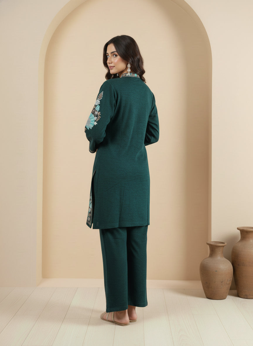 Floral Knitted Aari Embroidery Coord Set | Teal