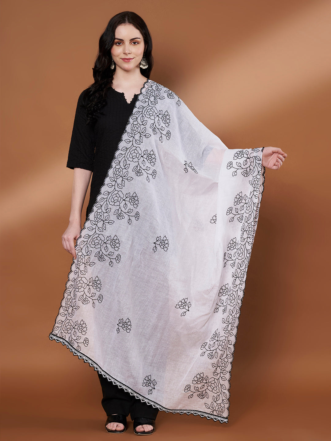 Pure Cotton Embroidered Dupatta for Women Pack of 2 | White and Black