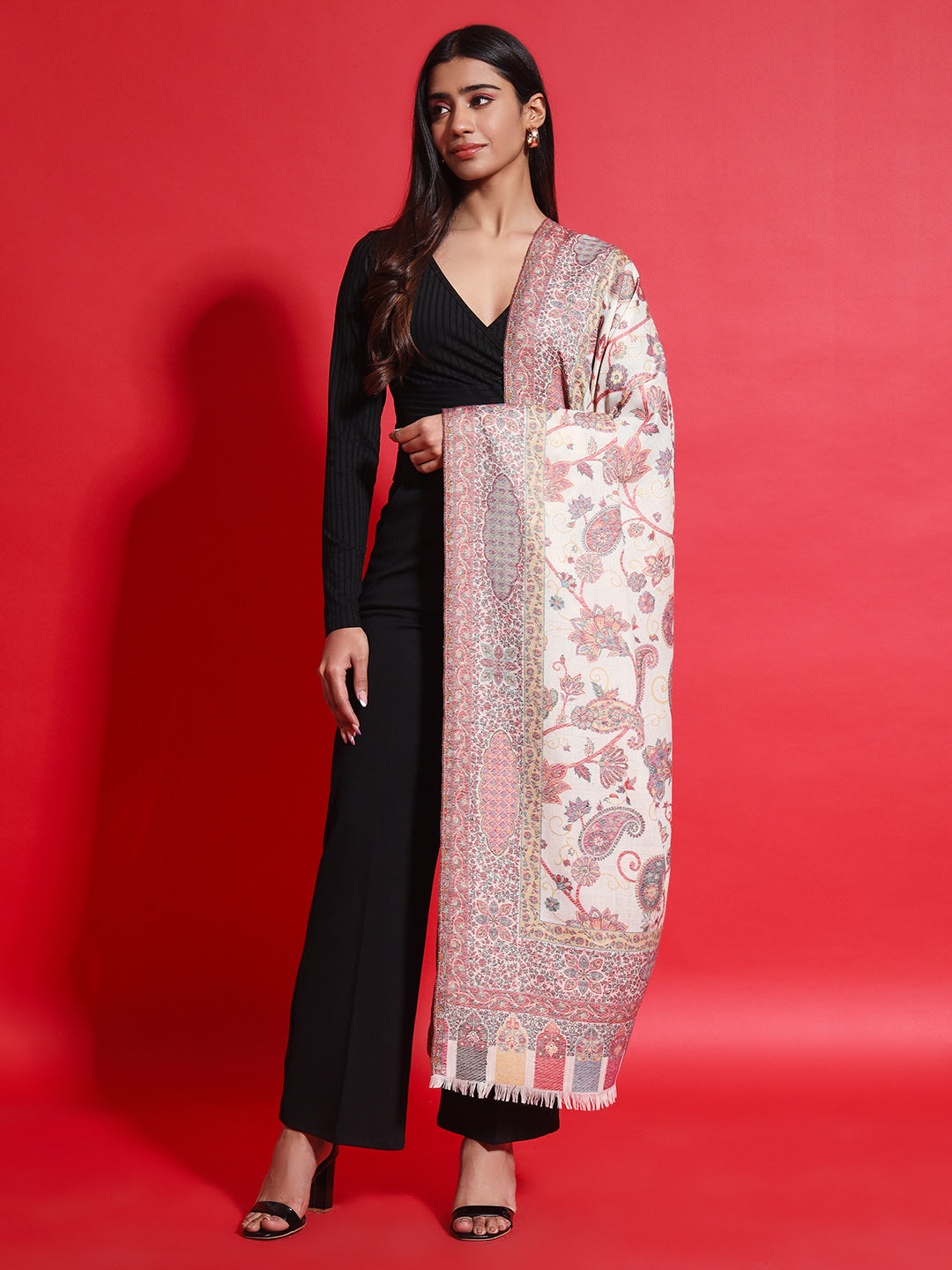 Kani Pure Wool Shawl for Women with Paisley Jaal Pattern | White