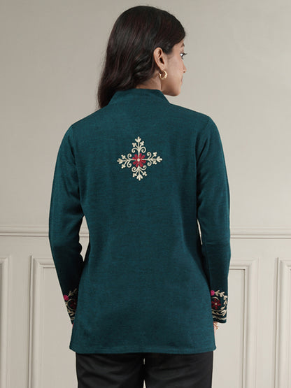 Knitted Short Shrug with Aari Embroidery | Teal