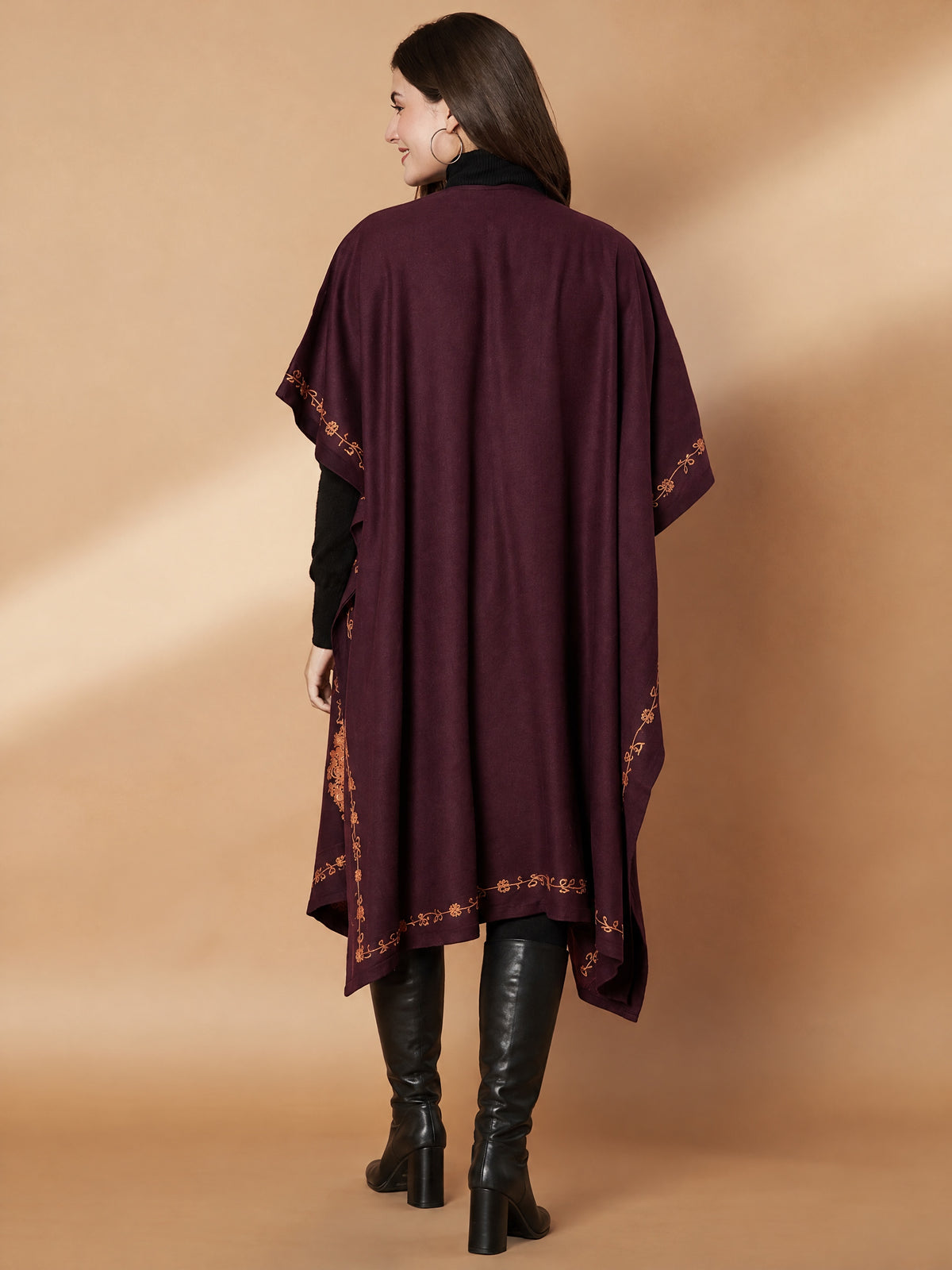 Floral Aari Embroidery Wine Pheran Shrug