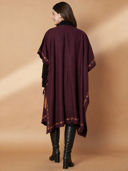 Floral Aari Embroidery Wine Pheran Shrug