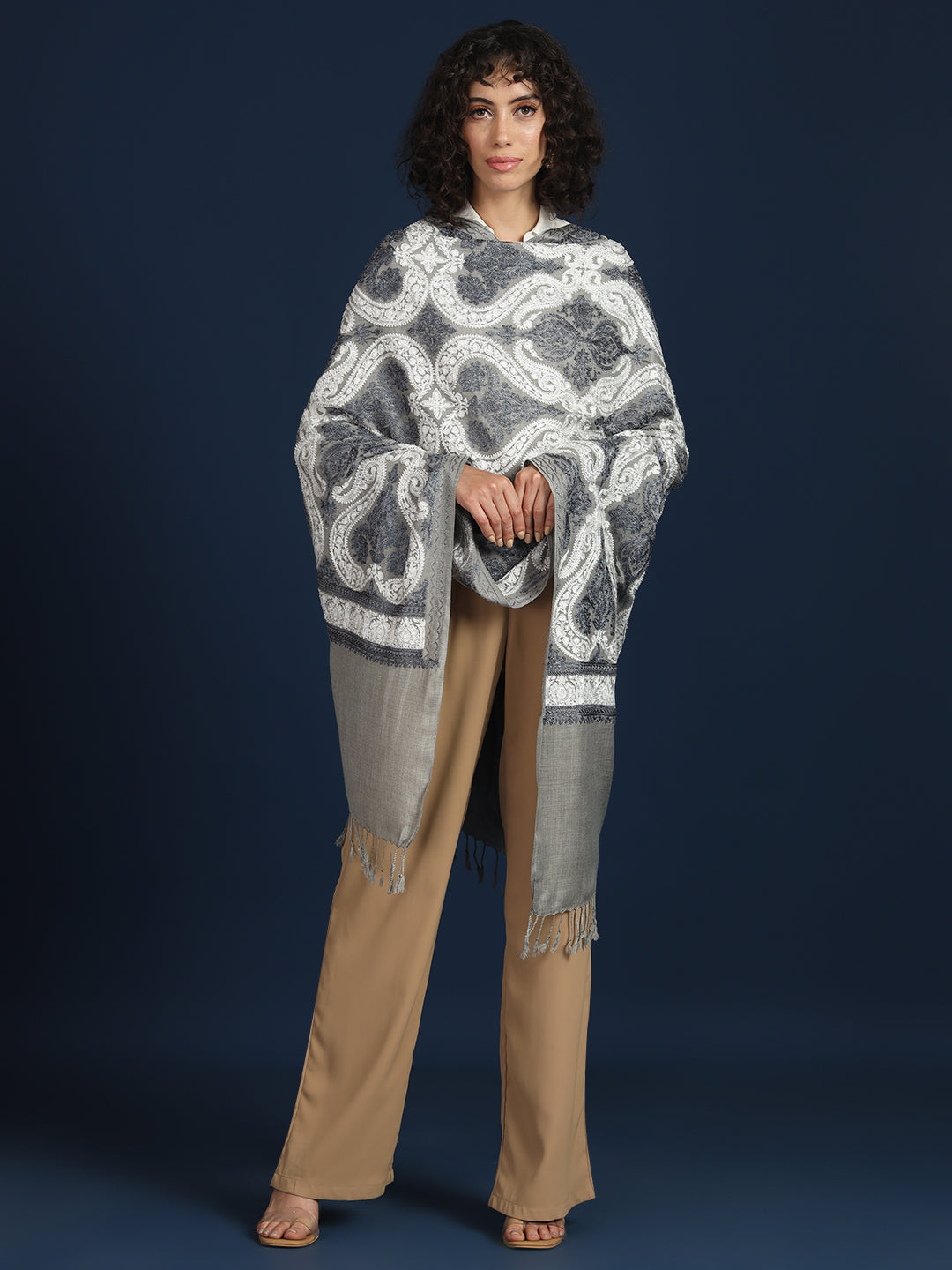 Woollen Pashmina Feel Stole in Silk Embroidery for Women | Grey