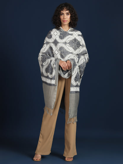 Woollen Pashmina Feel Stole in Silk Embroidery for Women | Grey