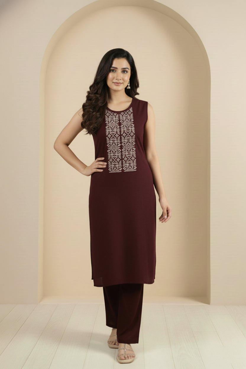 Three-Piece Woolen Knitted Coord Set | Maroon