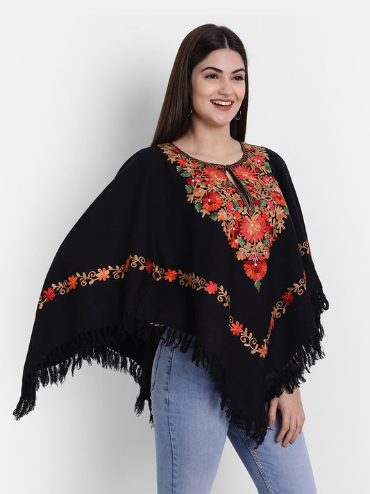 Woollen Poncho with Kashmiri Embroidery and Silk Lining | Black