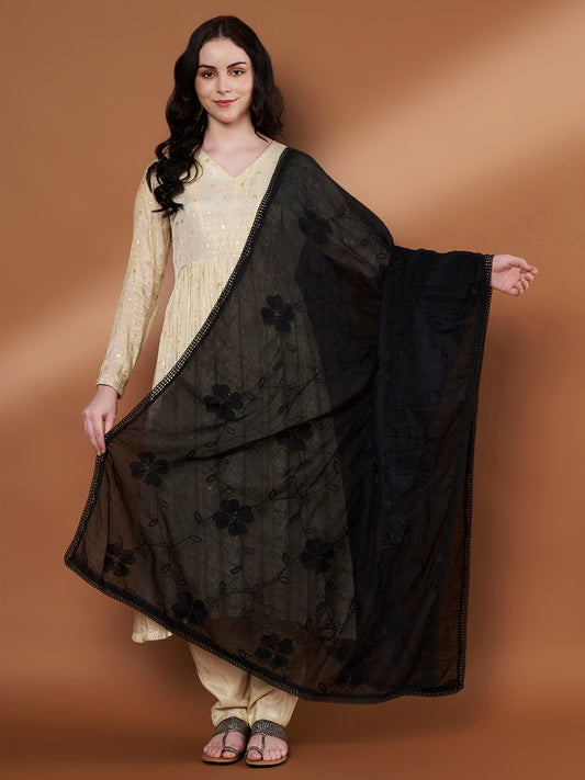 Floral Self Embroidery Cotton Dupatta for Women | Black