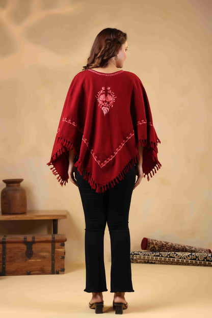 Woollen Poncho Top with Kashmiri Chinar Neck Hand Embroidery  and Inner Lining | Maroon