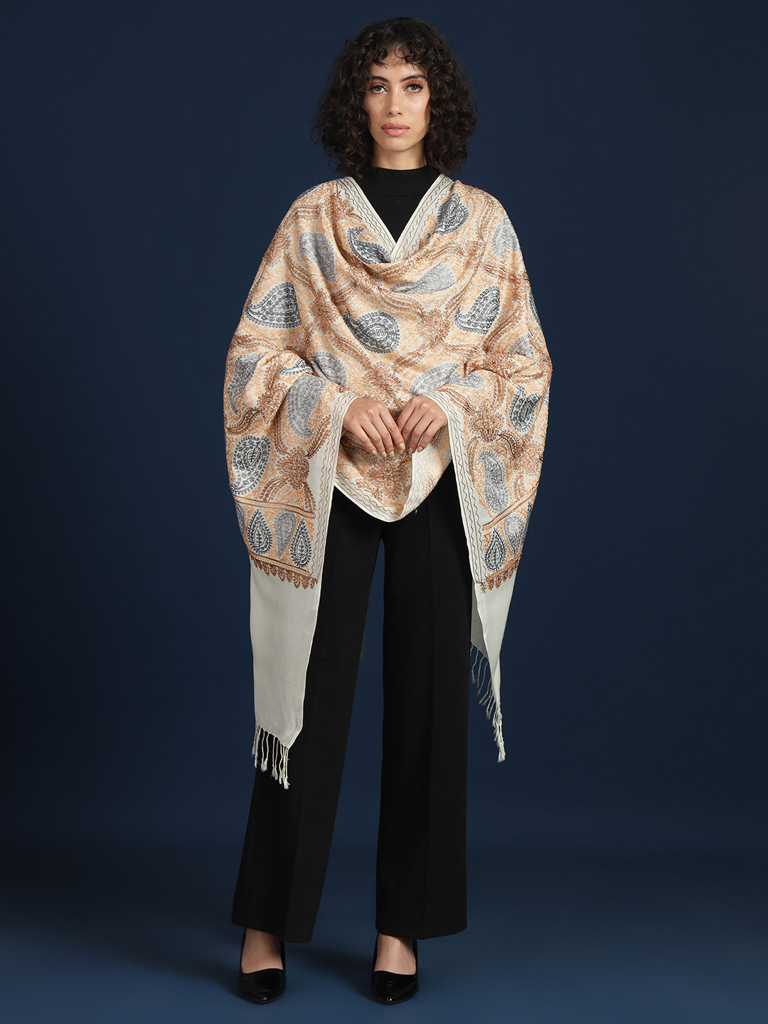 Woollen Pashmina Feel Royal Stole in Silk Embroidery Dense Jaal for Women | White