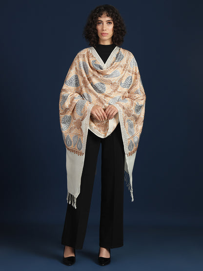 Woollen Pashmina Feel Royal Stole in Silk Embroidery Dense Jaal for Women | White