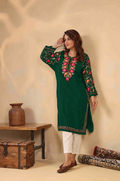 Multicolor Aari Embroidery Kashmiri Pheran | Bottle Green
