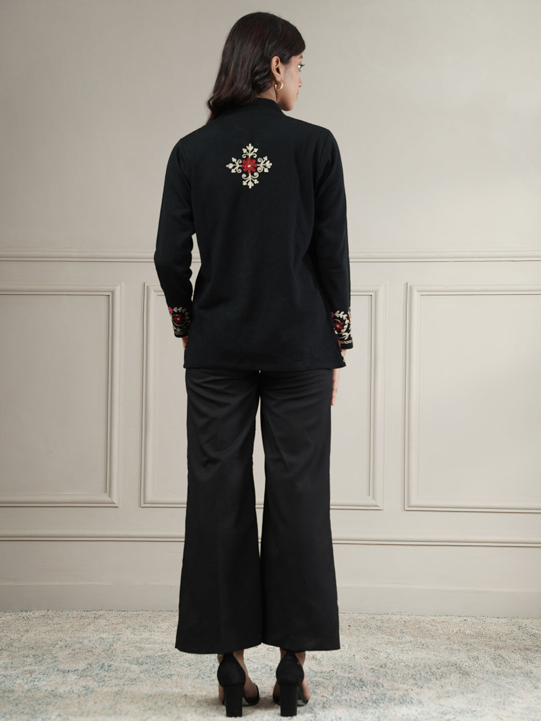Knitted Short Shrug with Aari Embroidery | Black