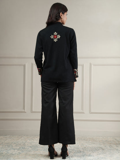Knitted Short Shrug with Aari Embroidery | Black