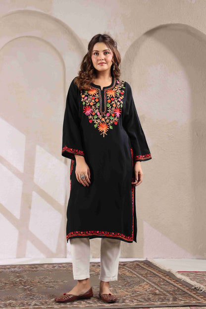Multicolor Aari Embroidery Kashmiri Pheran | Black