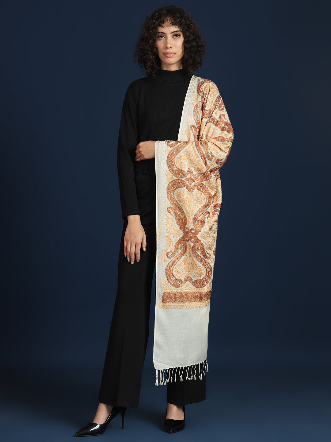 Woollen Pashmina Feel Stole in Silk Embroidery for Women | White