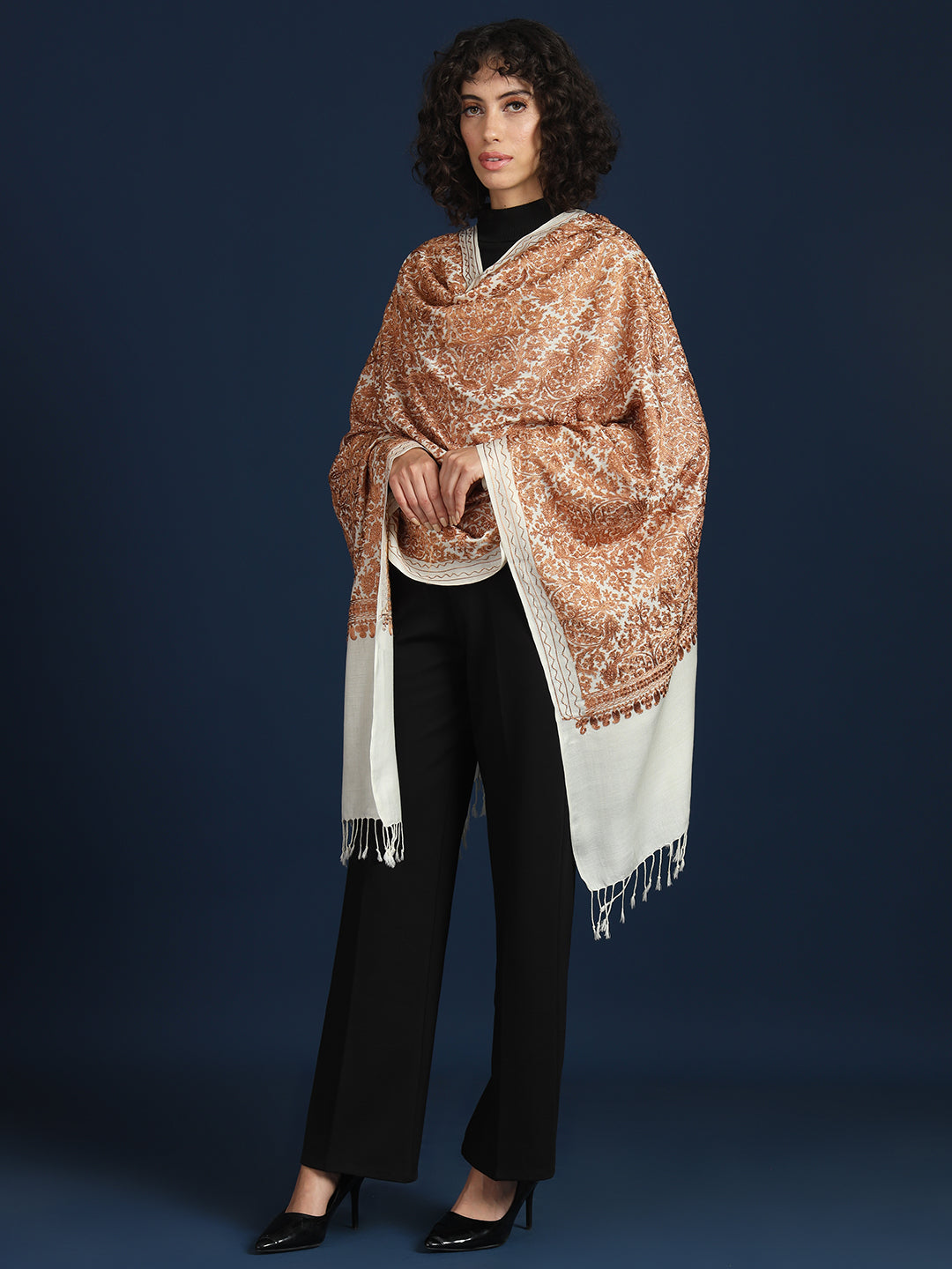Woollen Pashmina Feel Stole in Silk Embroidery Dense Jaal for Women | White 2