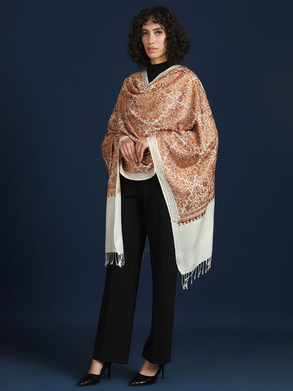 Woollen Pashmina Feel Stole in Silk Embroidery Dense Jaal for Women | White 2