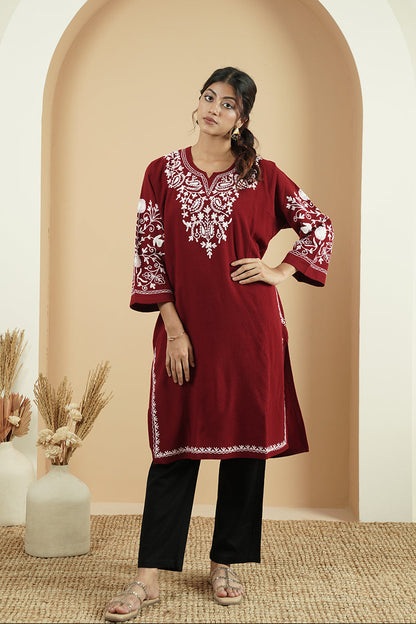 Floral Paisley Aari Embroidery Kashmiri Pheran | Maroon