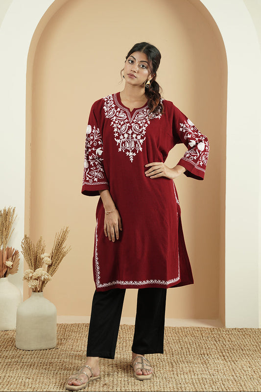 Floral Paisley Aari Embroidery Kashmiri Pheran | Maroon
