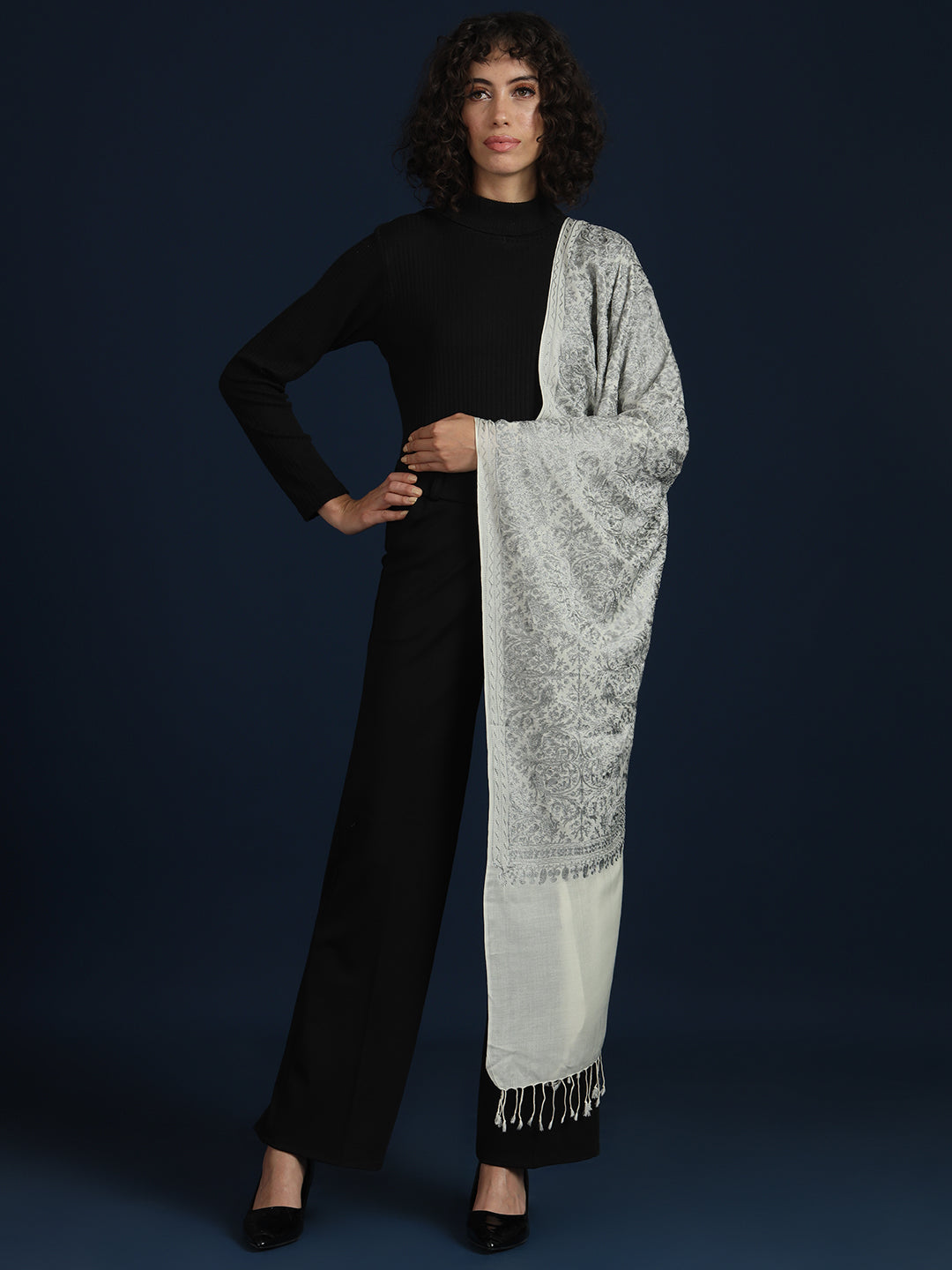 Woollen Pashmina Feel Stole in Silk Embroidery Dense Jaal for Women | White