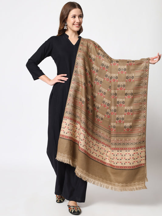 Women Kullu Pattern Woven Design Woollen Shawl | Grey