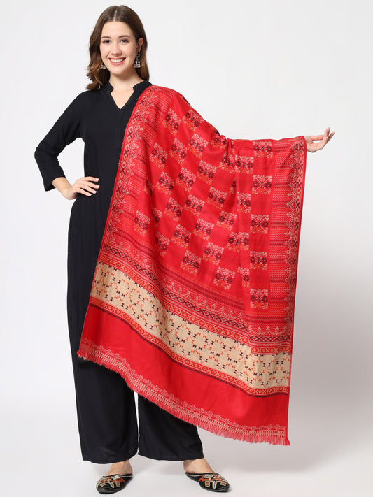 Women Kullu Pattern Woven Design Woollen Shawl | Red