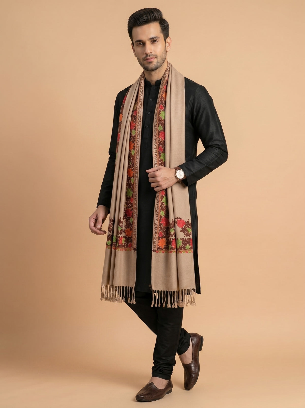 Aari Embroidered Stole for Men | Brown - photo 1