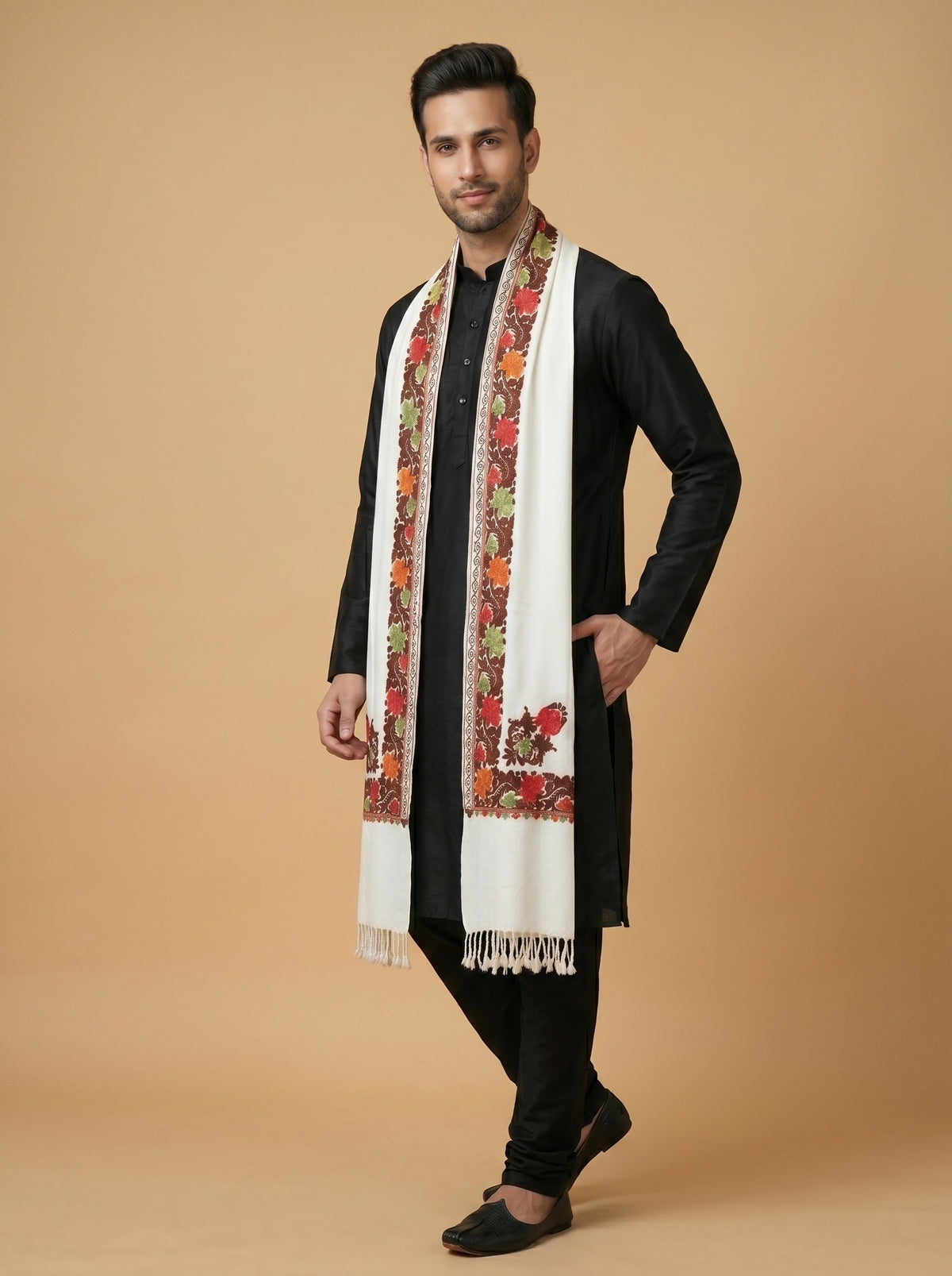 Aari Embroidered Stole for Men | White - photo 2