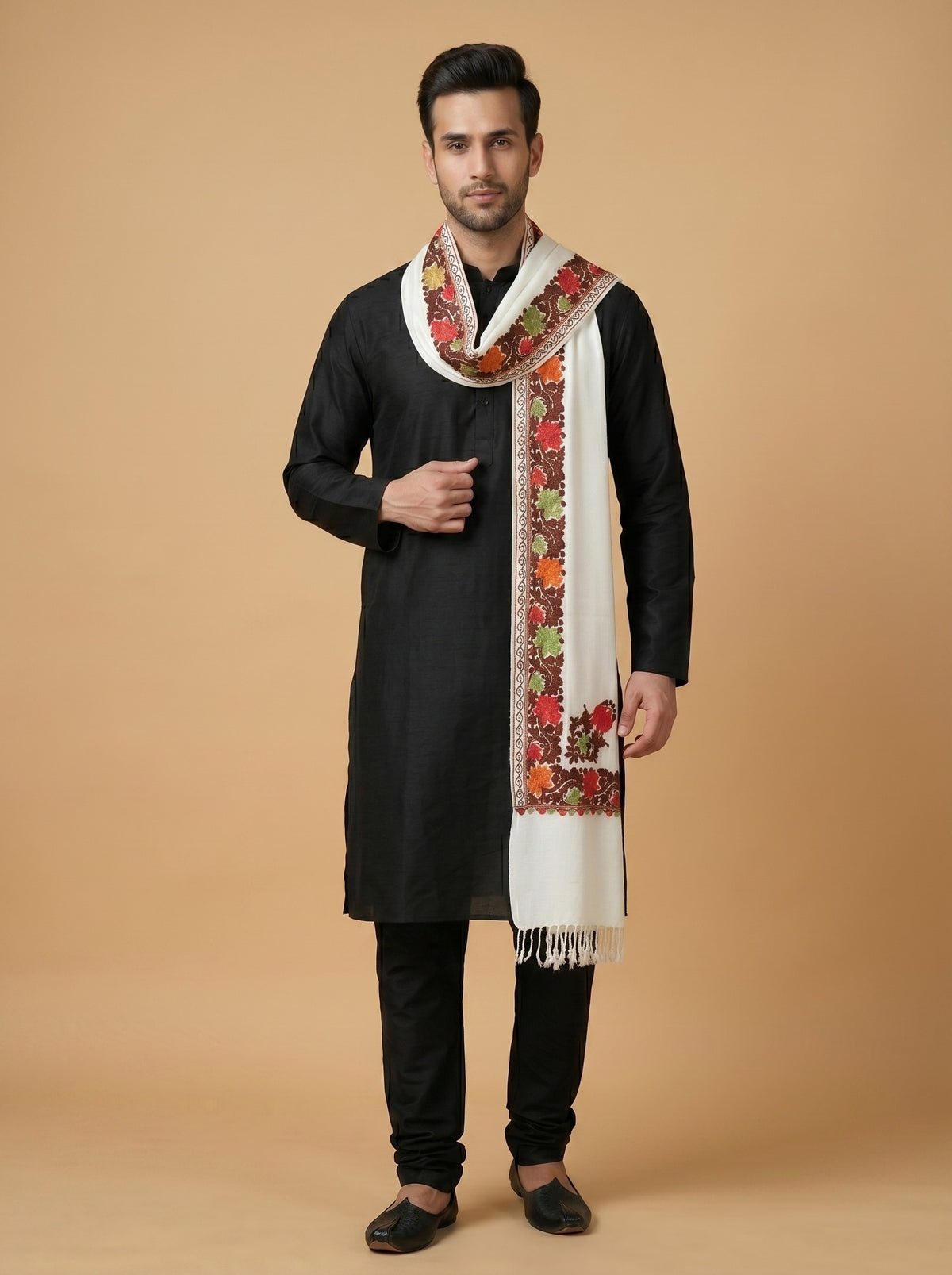 Aari Embroidered Stole for Men | White - photo 3
