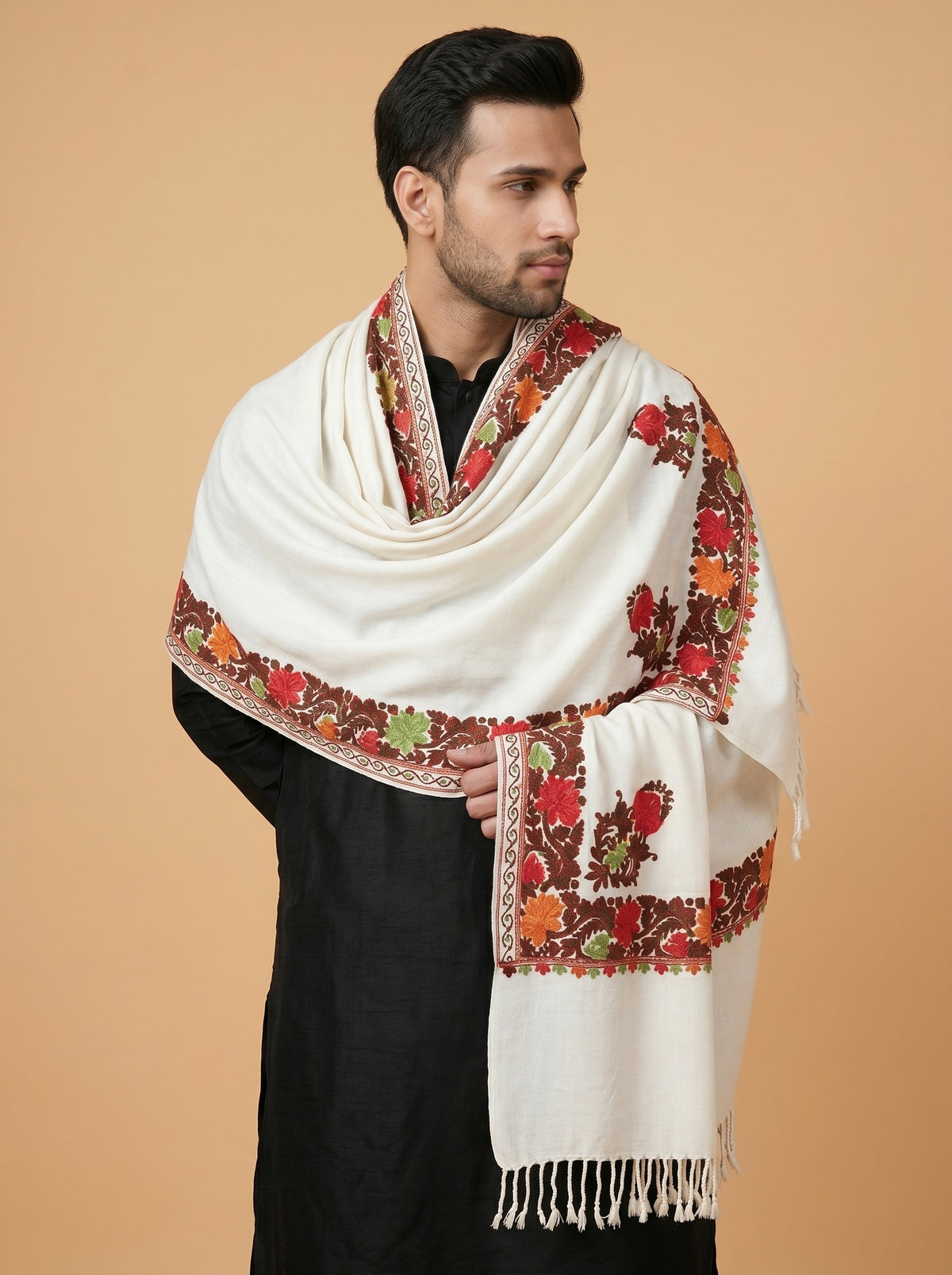 Aari Embroidered Stole for Men | White - photo 4
